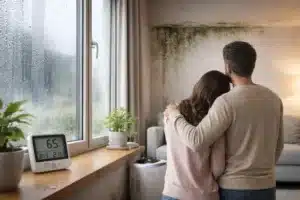Umidità in casa rappresentata su una parete interna con condensa e gradiente termico